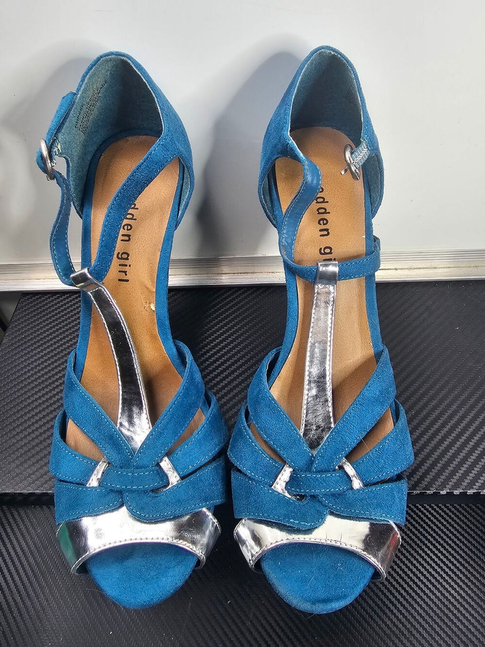 Madden girl teal hopeee fabric heels size 7